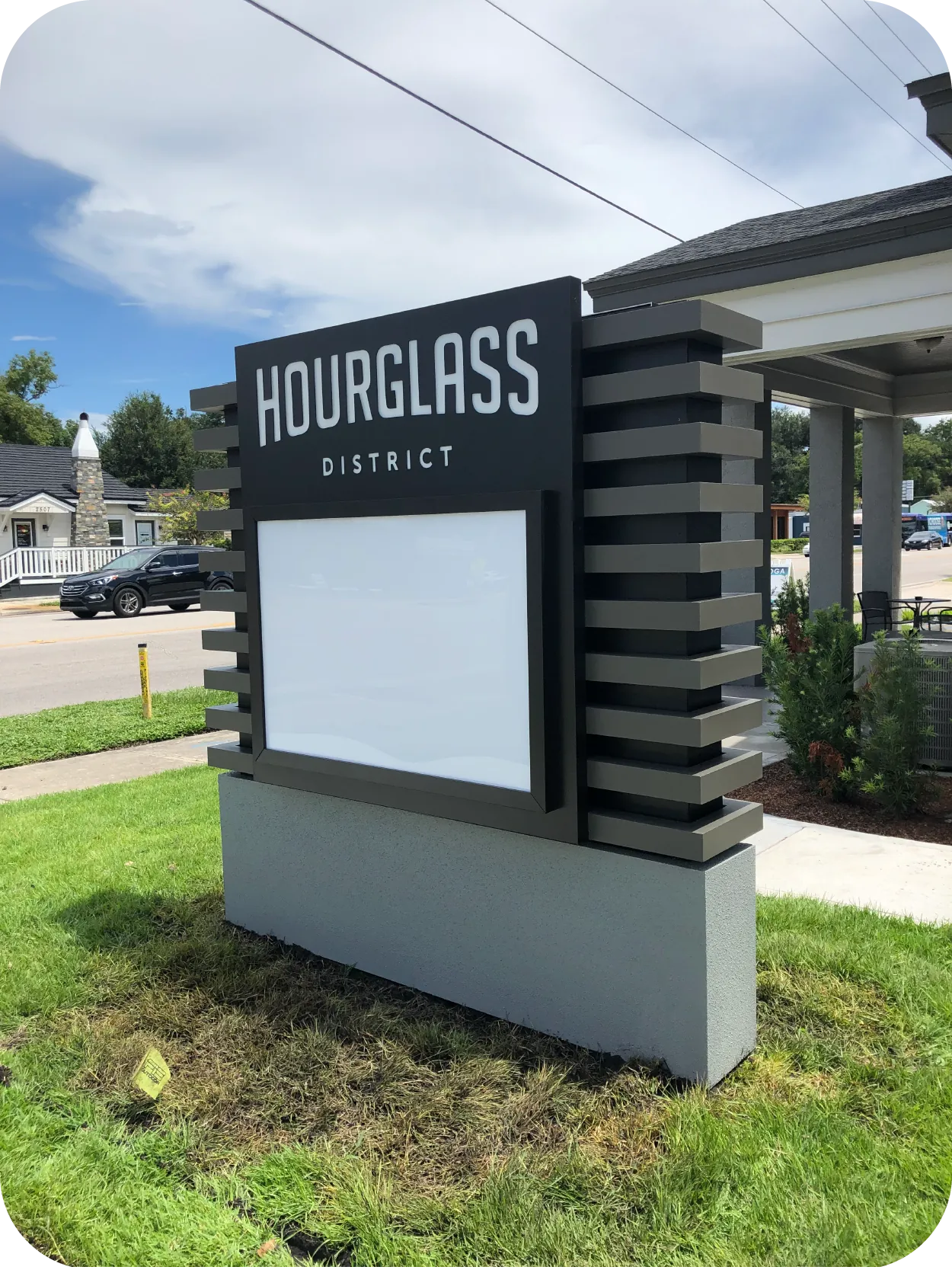 Hourglass District monument sign built by Work Color Signs