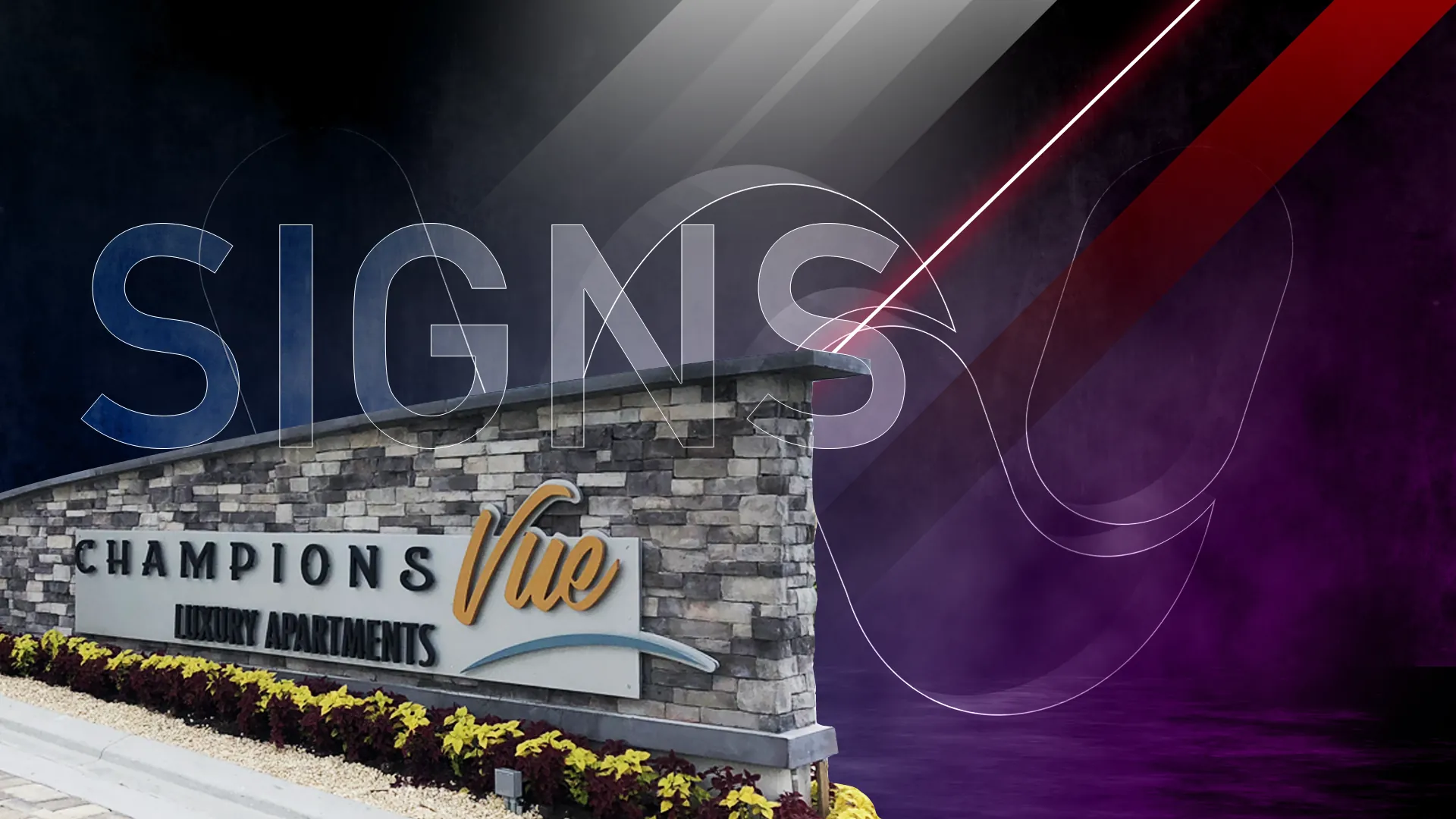 Champions Vue luxury apartments stone monument sign