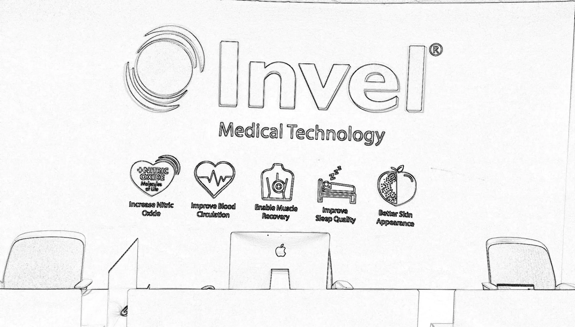 Design sketch of the Invel Medical Technology lobby sign above a reception desk