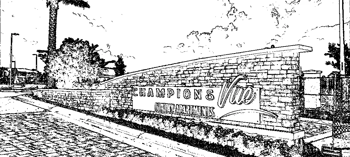 Design sketch of the Champions Vue Luxury Apartments stone monument sign