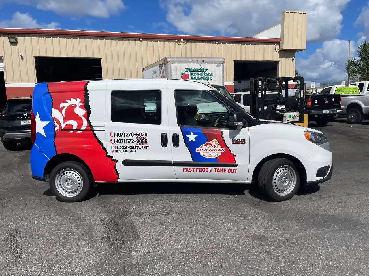White van with a Texas and Puerto Rico flag graphic