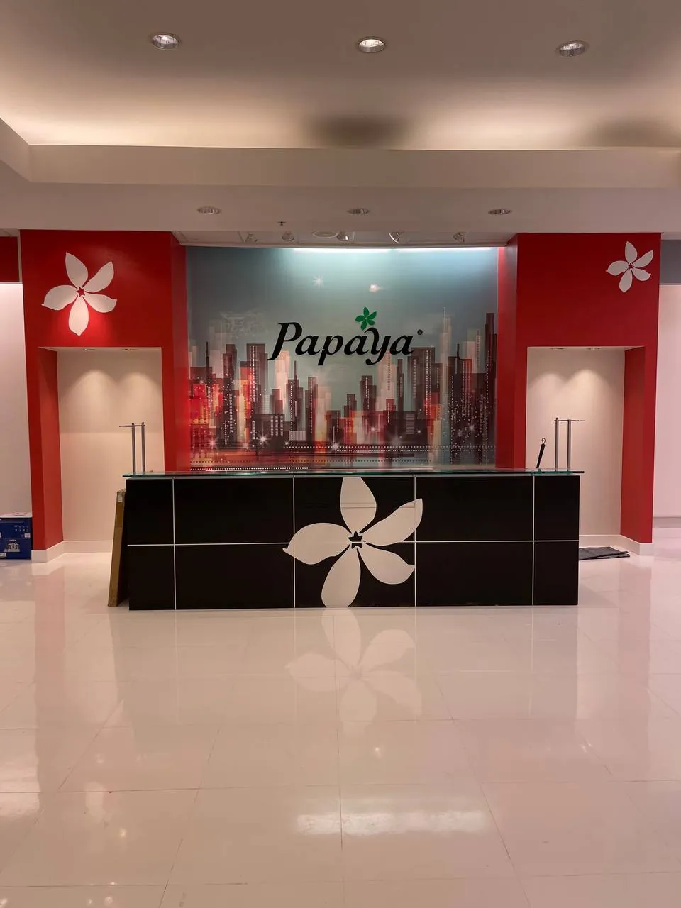 Papaya reception with a printed mural wall, logo sign and flower-logo counter
