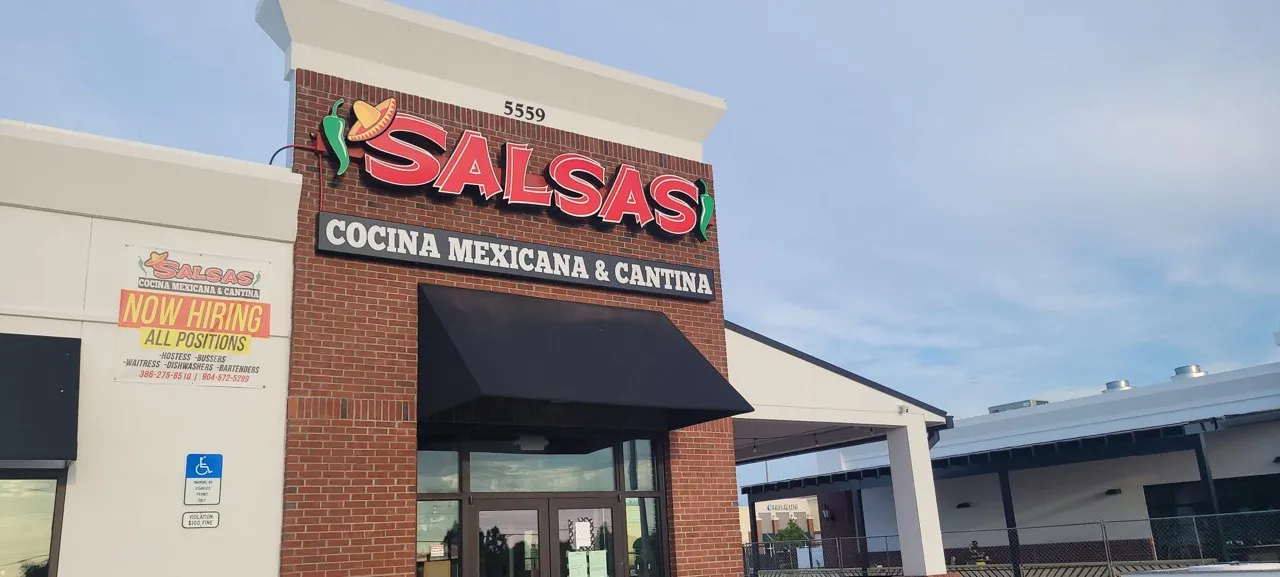 SALSAS Cocina Mexicana & Cantina exterior sign on a brick restaurant