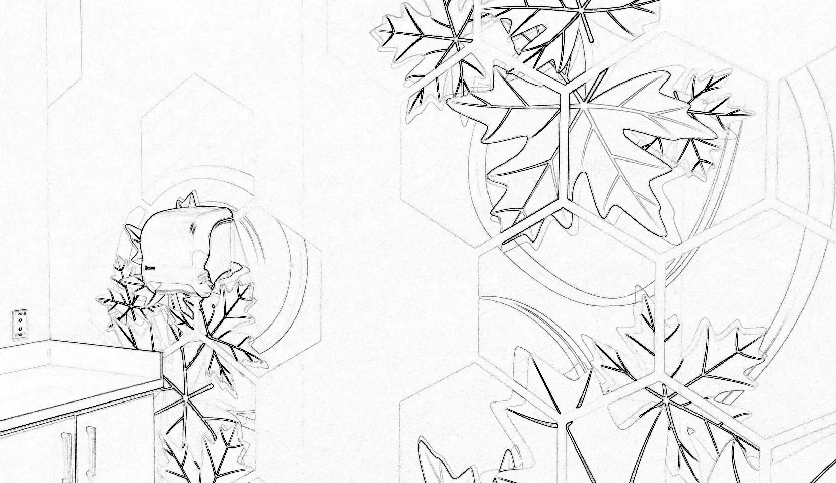 Pencil sketch of the maple-leaf hexagon wall wrap before printing